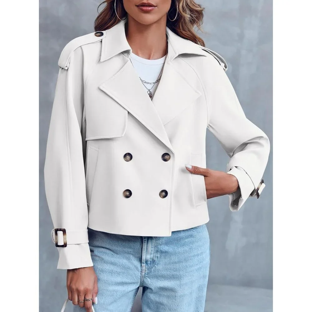 Women's White Crop Double Breasted Trench Coat Raglan Sleeve Cropped Jacket - Picture 3 of 6